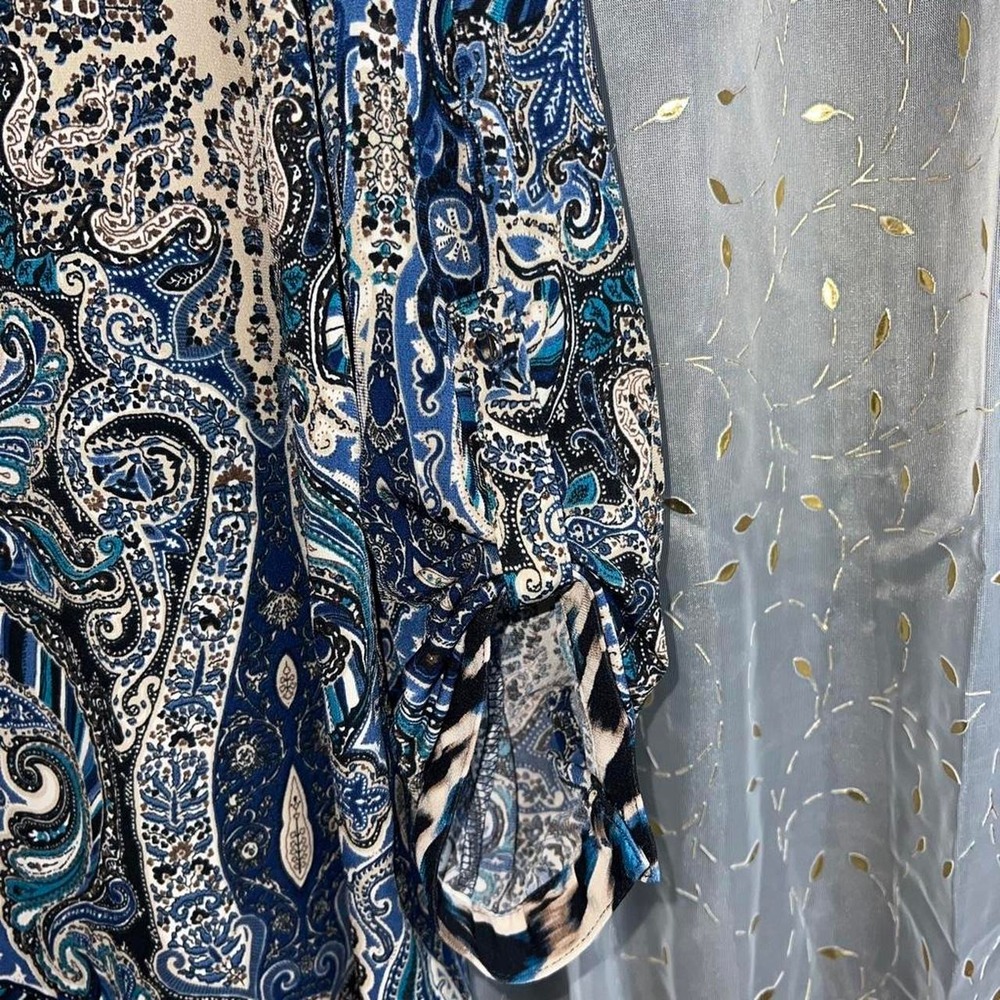 Cato Blue White Paisley Print Blouse Striped Trim Boho V-Neck Top XL - Picture 3 of 4